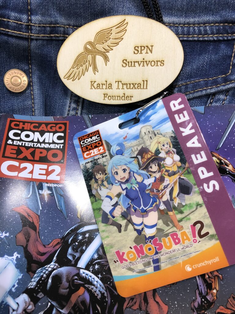 Photo of our Speakers Badge and program from Chicago Comic and Entertainment Expo (C2E2)