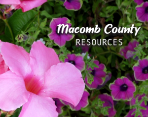 Image of pink and purple flowers with "Macomb County Resources" text in white